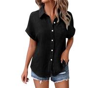 Angxiwan Long T Shirts for Women UK Summer Linen Tops for Women UK Lightweight Button Down Boho Shirts Casual Pleated Muslin Blouse Solid Color Short Sleeve Tunic Holiday Essentials B Black