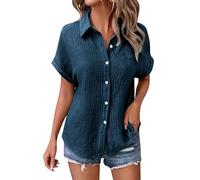Angxiwan Long T Shirts for Women UK Summer Linen Tops for Women UK Lightweight Button Down Boho Shirts Casual Pleated Muslin Blouse Solid Color Short Sleeve Tunic My+Orders