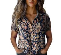 Angxiwan Long Tshirts Women UK Linen Shirts Women Summer Short Sleeve Button Down T-Shirts with Pockets Elegant Graphic Print Tunic Tops Lightweight Loose Warehouse Deals Clearance