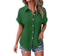 Angxiwan Long Tshirts Women UK Summer Linen Tops for Women UK Lightweight Button Down Boho Shirts Casual Pleated Muslin Blouse Solid Color Short Sleeve Tunic Warehouse Deals Clearance