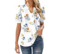 Angxiwan Loose T Shirt for Women Summer Tops for Women UK Clearance Casual Floral Pleated Going Out Blouse Plus Size Short Sleeve Tunic Tops Fashion V-Neck Summer T Shirts UK
