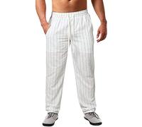 Angxiwan Mens Casual Trousers Men's Spring and Summer Pinstripe Cotton and Casual Sports Pants Gift Boy 12 White