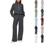 Angxiwan My Orders Deals of The Day Womens Two Piece Full Set Tracksuit Long Sleeve Oversized Half Zip Sweatshirt Pullover Drawstrings Wide Leg Trousers Lightning Deal Today
