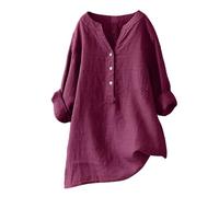 Angxiwan My Orders Delivery Cheap Items Under 1 Pound Tunic Tops for Women UK Women's Solid Color Stand up Collar Button Cotton Long Sleeved Shirt Blouse Wine