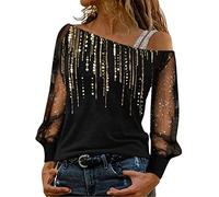 Angxiwan My Orders Delivery Going Out Tops for Women UK Women Casual Sequin Print Top Shirt Mesh Long Sleeve Cold Shoulder Shirts Loose Womens Sale Clearance Gold