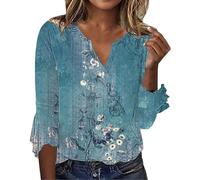 Angxiwan My Orders Delivery Ladies Summer Tops Summer Women's Tops Seven Split Sleeve Vintage Floral Shirt Big Size Ruffle Sleeve V Neck T Shirt Clearance Offers of The Day for Women Navy
