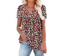 Angxiwan My Orders Delivery Oversized T Shirts for Women Elegant Floral Print Shorts Sleeve Tunic Tops Casual V Neck Button Down Blouse Fashion Pleated Summer Friday Black Deals for Women