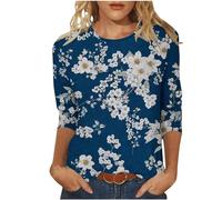 Angxiwan My Orders Delivery Plus Size Evening Tops Women's Spring/Summer Round Neck Flower Print Loose Casual 3/4 Sleeve T Shirt Summer Evening Dress Sale UK Dress for Same Day Delivery Dark Blue