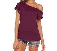 Angxiwan My Orders Delivery Same Day Delivery T Shirt Personalised T Shirt Blouse T Short Shirts Women's Shoulder Tops Shirt Casual Off Loose Sleeve Summer Women's Blouse Wine