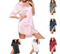 Angxiwan My Orders Lightning Deals Today Satin Nightshirts for Women UK Casual Smooth Button Down Nightdresses Loose Fit Short Sleeve Pajama Dress Solid Color Lapel Next Sale Clearance Womens Pink