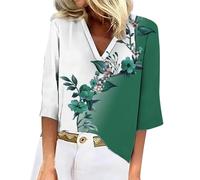 Angxiwan My Orders Placed Recently by Me Plus Size Shirt for Women Women's Floral Print V Neck Pullover T Shirt Casual Three Quarter Sleeve Top Womens Tool UK Green