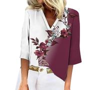 Angxiwan My Orders Placed Recently by Me Plus Size Shirt for Women Women's Floral Print V Neck Pullover T Shirt Casual Three Quarter Sleeve Top Womens Items Under 50P Less Than 1 Pound Items Wine