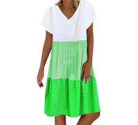 Angxiwan My+Orders Summer Dresses for Women UK Plus Size Short Sleeve Midi Dress Fashion Three-Color Stitching Sundress Casual Loose Fit V-Neck Try Before You Buy Dresses B Green