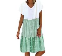 Angxiwan My+Orders Summer Dresses for Women UK Plus Size Short Sleeve Midi Dress Fashion Three-Color Stitching Sundress Casual Loose Fit V-Neck Evening Dress Sale UK