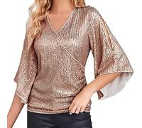 Angxiwan My Orders UK My Recent Orders Oversized Tshirt Women Sequin Tops 3/4 Sleeve Glitter Sparkly Party Blouse V Neck Dressy Tops for Evening Party Plus Clearance Rose Gold