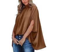 Angxiwan My Orders UK My Recent Orders Womens Shirts and Blouses Women's Three Quarter Sleeve Solid Color Oversized Top Batwing Sleeve Cape T Shirt Outfits Clearance Good Deals for Today Brown