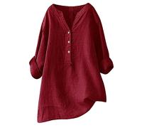 Angxiwan My Recent Orders Autumn Day Deals Women's Blouses & Shirts Women's Printed Patchwork Buttons V Neck Cotton Blouse Shirt Red