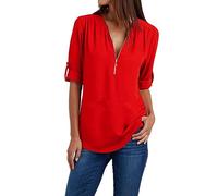 Angxiwan My Recent Orders Chiffon Shirts for Women Lightweight Solid Color Front Zip Blouse Adjustable Sleeve Going Out Tops with Wearhouses Clearance Deals