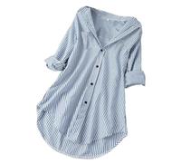Angxiwan My Recent Orders Order Again from My Orders Women's Blouses & Shirts Stripe Sleeve Shirts Turn-Down Loose Long Blouse Collar Women Top Button Women's Blouse Sky Blue