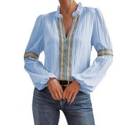 Angxiwan My Recent Orders Oversized Linen Shirts for Women's Striped Print Long Sleeve Notched V Neck Contrast Trim Loose Fit Blouse Shirt Christmas Deals Clearance Sky Blue