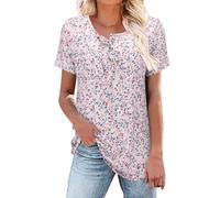 Angxiwan My Recent Orders Oversized T Shirts for Women Elegant Floral Print Shorts Sleeve Tunic Tops Casual V Neck Button Down Blouse Fashion Pleated Summer Ladies Gifts Ideas Clearance C Blue
