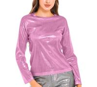 Angxiwan My Recent Orders Summer Tops for Women UK Women's Solid Color Reflective Shiny Metallic Round Neck Long Sleeve Top T Shirt Womens Clearance My Orders UK My Orders Pink