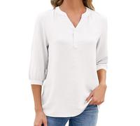 Angxiwan My Recent Orders Tops for Women UK Women's Three Quarter Sleeve Solid Color V Neck Buttoned Loose Chiffon T Shirt Women's Going Out Clearance Lightning Deals of The Day Prime Sale White
