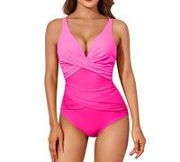 Angxiwan One Piece Swimming Costume Women Tummy Control Slimming Swimwear Casual Front Cross V Neck Bathing Suits Adjustable Strap Ruched Push up Swimsuit Swimwear