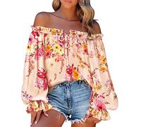 Angxiwan Order Again from My Recent Orders Oversize Tops Women UK Women Casual One Word Collar Off Shoulder Printing Long Sleeve Blouse T Shirt Top T Today's Deals of The Day Orange