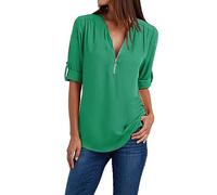 Angxiwan Order Placed Me 2024 Chiffon Shirts for Women Lightweight Solid Color Front Zip Blouse Adjustable Sleeve Going Out Tops with Prime Deals of The Day