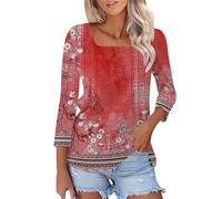 Angxiwan Order Placed Me 2024 Going Out Tops for Women UK Women's Fashion Casual Floral Print Square Neck Three Quarter Sleeve Top T Shirt Going Out Clearance Today Deals of The Day Clearance Red
