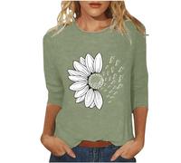 Angxiwan Order Placed Me 2024 Oversized T Shirt Women Women's Sunflower Chrysanthemum Flower Butterfly Print 7 Quarter Sleeve Crew Neck Top Going Clearance All My Order Details