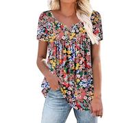 Angxiwan Order Placed Me 2024 Oversized T Shirts for Women Elegant Floral Print Shorts Sleeve Tunic Tops Casual V Neck Button Down Blouse Fashion Pleated Summer Friday Black Christmas Deals