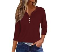 Angxiwan Order Placed Me 2024 Tops for Women UK Women's Fashionable Casual Solid Color Buttoned Three Quarter Sleeve Top T Shirt Women Going Out Clearance Todays Offers Special Deals Wine