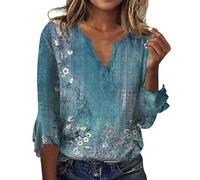 Angxiwan Oversize T Shirts for Women UK Women's Loose Casual Ethnic Print Seven Point Cuff Cuff Top V Neck T Shirt Womens Summer Blouses Dressy Going Out Tops