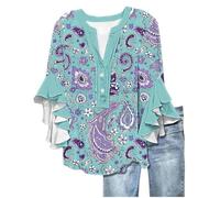 Angxiwan Oversized Gym Shirts Summer Tops for Women UK Fashion Floral Print Flowy Ruffle Sleeve Tunic Tunic Tops Casual Loose Fit 3/4 Length Sleeves Shirts Silk for Women UK