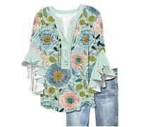 Angxiwan Oversized Gym T Shirt Summer Tops for Women UK Fashion Floral Print Flowy Ruffle Sleeve Tunic Tunic Tops Casual Loose Fit 3/4 Length Sleeves Shirts Country Outfits Women C Blue