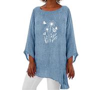 Angxiwan Oversized Linen Shirt Women Solid Color Casual Dandelion Butterfly Print Three Quarter Sleeve Casual Cotton Top Womens Crop Tops for Summer Womens Casual Basic Going Out Top
