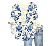 Angxiwan Oversized Linen Shirt Womens Summer Tops for Women UK Fashion Floral Print Flowy Ruffle Sleeve Tunic Tunic Tops Casual Loose Fit 3/4 Length Sleeves Shirts Chinese for Women UK
