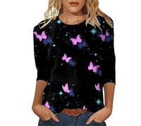 Angxiwan Oversized Linen Shirts for Women Womens Daily Butterfly Print O Neck Tops Three Quarter Sleeve Round Neck Tee Shirt Printed Flower Loose Side Split Blouse Tunic Summer Tops for Women