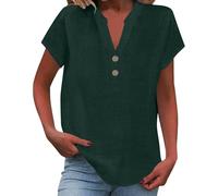 Angxiwan Oversized T Shirts for Women Linen Shirt Women Plus Size Short Sleeve Boho Tunic Tops Lightweight Button V Neck T Shirts Summer Solid Color Flowy Hem Blouse Beach Cover Ups and Kaftans
