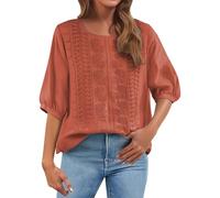 Angxiwan Oversized T Shirts for Women Linen Shirts for Women UK Casual Loose Fit Short Sleeve Tunic Tops Retro Floral Embroidery Jacquard Linen Blouse Solid Color My+Orders