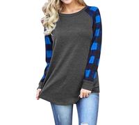 Angxiwan Oversized T Shirts for Women Women O Neck Plaid Print Long Sleeve Sweatshirt Pullover Tops Blouse Shirt Ladies Loose Fitting Tops Plus Size Cotton Tops Blue