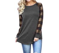 Angxiwan Oversized T Shirts for Women Women O Neck Plaid Print Long Sleeve Sweatshirt Pullover Tops Blouse Shirt Ladies Loose Fitting Tops Plus Size Cotton Tops Beige