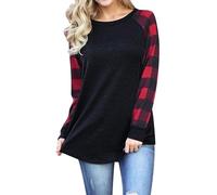 Angxiwan Oversized T Shirts for Women Women O Neck Plaid Print Long Sleeve Sweatshirt Pullover Tops Blouse Shirt Ladies Loose Fitting Tops Plus Size Cotton Tops Black