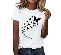 Angxiwan Oversized T Shirts for Women Women's Butterfly Print Round Neck Short Sleeve T Shirt Top Ladies Summer Shirts Plus Size Summer Clothes Long Blouses for Women White