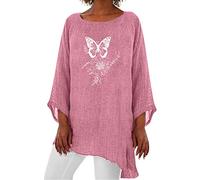 Angxiwan Oversized Tops for Women UK Women Casual Round Neck Dandelion Butterfly Print Three Quarter Sleeve Cotton Top Summer Wear for Women UK Outfits for Women Going Out