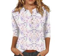 Angxiwan Oversized Tops for Women UK Women's Fashion Button Up Three Quarter Sleeve T Shirt Shirt Floral Print Top Summer Top for Women UK Outfits for Women Going Out