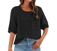 Angxiwan Peplum Tops for Women Linen Shirts for Women UK Casual Loose Fit Short Sleeve Tunic Tops Retro Floral Embroidery Jacquard Linen Blouse Solid Color Warehouse Deals Clearance B Black