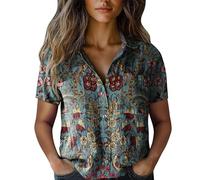 Angxiwan Peplum Tops for Women Linen Shirts Women Summer Short Sleeve Button Down T-Shirts with Pockets Elegant Graphic Print Tunic Tops Lightweight Loose Lightning Deals of The Day Today Sale